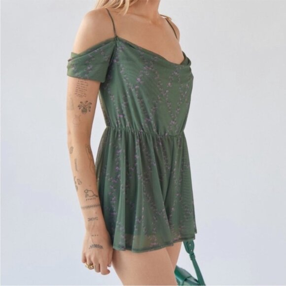 Urban Outfitters | Elle Cowl Neck Mini Romper Green Mesh Sheer Floral New Medium - Picture 5 of 9